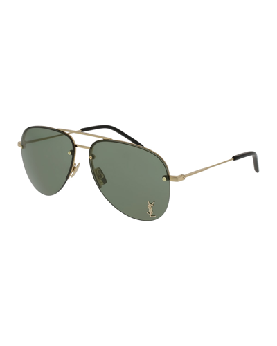 Saint Laurent Classic 11 Monochromatic Aviator Sunglasses In Gold / Green