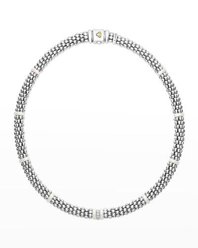 Lagos Sterling Silver And Gold White Caviar White Ceramic Diamond Link Necklace In White/silver