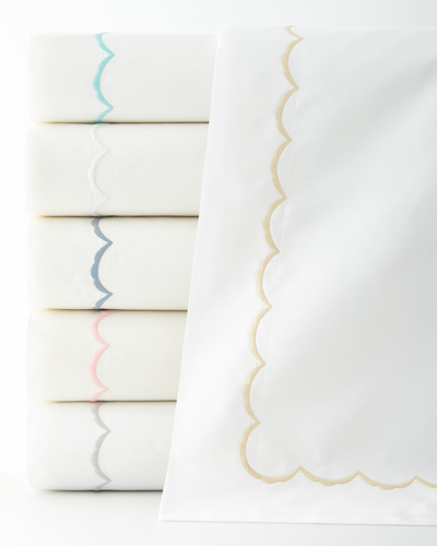 Matouk Twin Scallops Embroidered 350 Thread Count Flat Sheet In White/pink