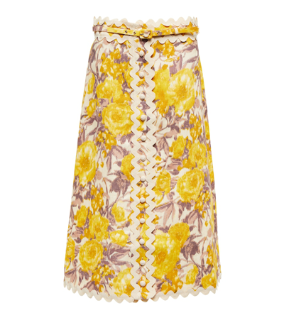 Zimmermann Abstract-print Contrast-trim Linen Midi Skirt In Multi