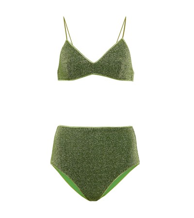 Oseree Lumière Lurex High-waisted Bikini Set In Green