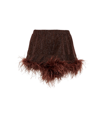 Oseree Feather-trimmed Satin Mini Skirt In Brown