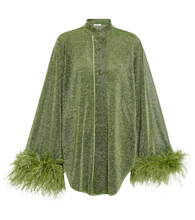 Oseree Lumière Feather-trimmed Metallic Stretch-knit Shirt In Green