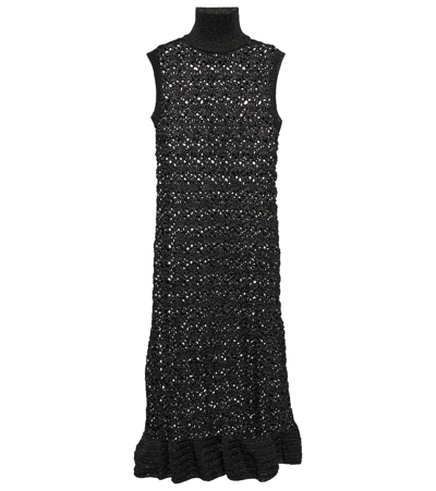 Ganni Metallic Knit Turtleneck Midi Dress In Black