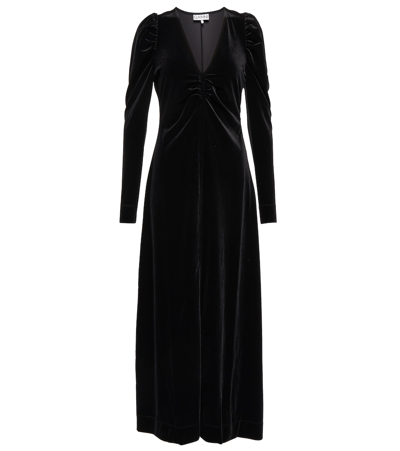 Ganni Ruched Velvet Midi Dress In Black