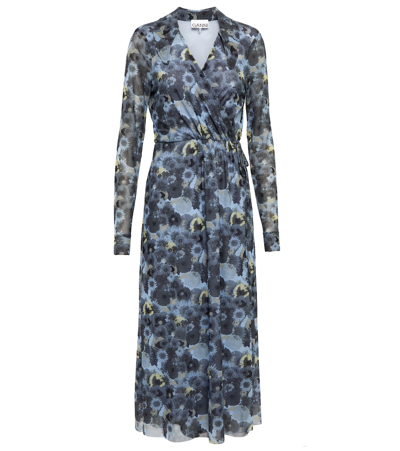 Ganni Floral Mesh Wrap Midi Dress In Blue