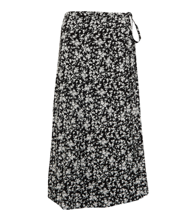 Ganni Floral Wrap Midi Skirt In Black