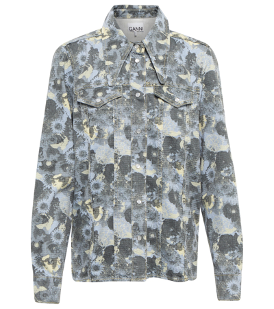 Ganni Printed Denim Shirt In Brunnera Blue