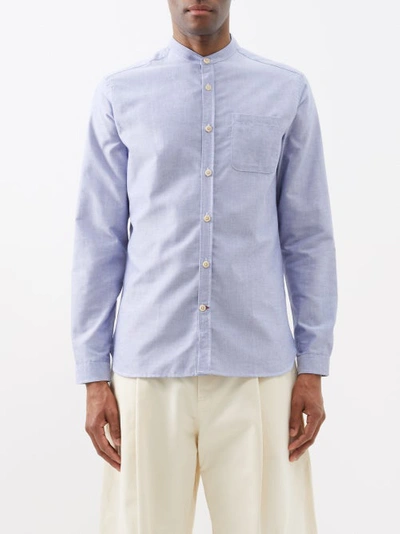 Oliver Spencer Collarless Organic-cotton Oxford Shirt In Blue