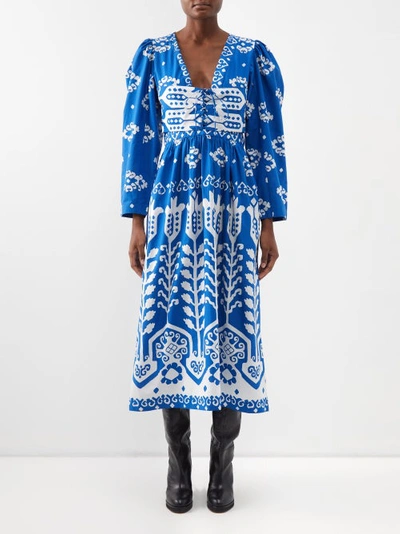 Sea Sonia Lace-up Printed Cotton-poplin Midi Dress In Multi