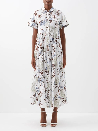Erdem Helena Tropical Floral Tiered Cotton Poplin Shirtdress In Tropical Bloom Wh