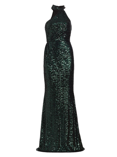 Badgley Mischka Asymmetric Sequin Halter Gown In Emerald