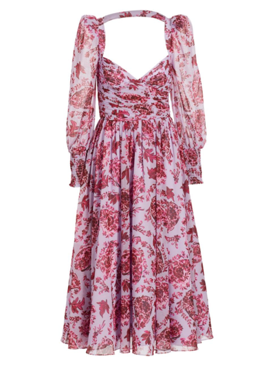 Badgley Mischka Cutout Floral-print Chiffon Midi Dress In Lilac