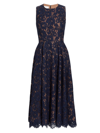 Michael Kors Large Floral Lace Sleeveless Midi Dress In Navy Floral Lace