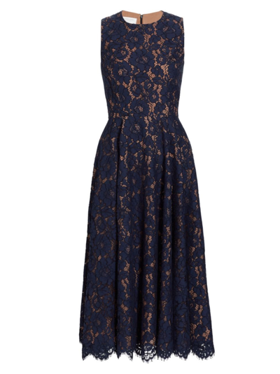 Michael Kors Large Floral Lace Sleeveless Midi Dress In Navy