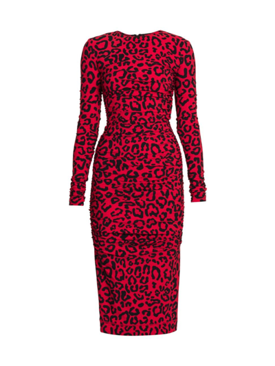 Dolce & Gabbana Leopard Print Ruched Midi Dress In Red