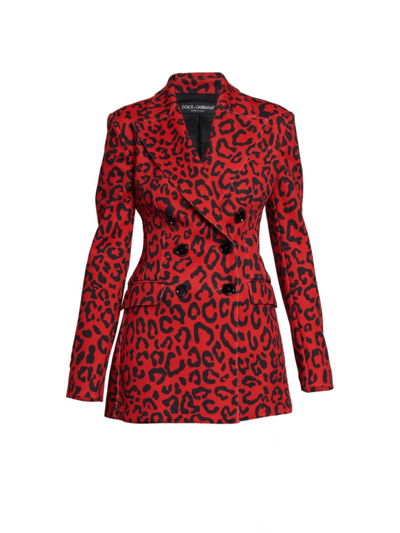 Dolce & Gabbana Double-breasted Blazer In Leopard-print Jersey In Leo Nero Fdo Rosso