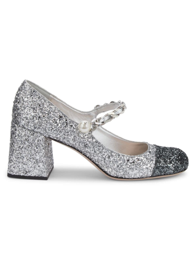 Miu Miu 65 Glittered Leather Mary Jane Pumps - Women's - Fabric/calf Leather In Argento