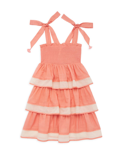 Zimmermann Kids' Tiggy Tie Shoulder Shirred Tiered Cotton Dress In Peach