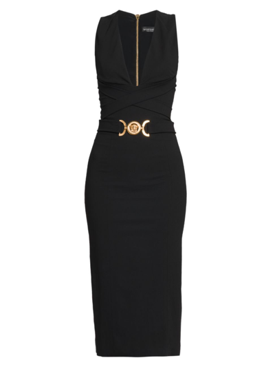 Versace Black Midi Dress With Criss-cross Belt And Medusa Buckle In Stretch Viscose Woman