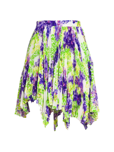 Versace Orchid Print Pleated Crepe Mini Skirt In Multicolor