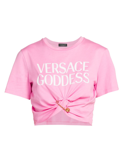 Versace Safety Pin Crop Cotton Logo Graphic Tee In Pink & Purple