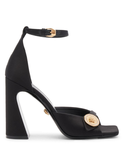 Versace 110mm Silk Block Heel Sandals In Black