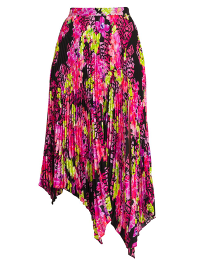 Versace Pleated Skirt With All-over Orchid Print In Burgundy