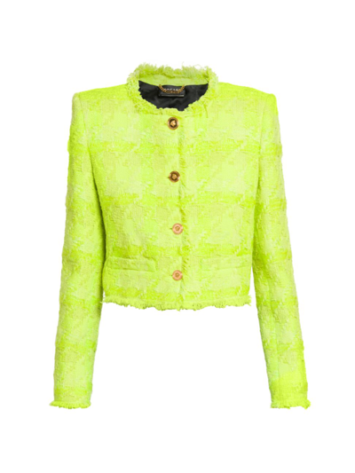 Versace Fringed Metallic Checked Wool-blend Tweed Jacket In Acid Lime