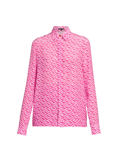 Versace La Greca Print Silk Crepe Button-up Blouse In Pink