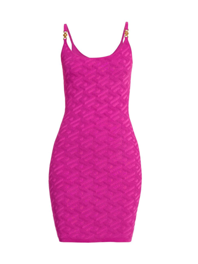 Versace Medusa Embellished La Greca Jacquard Knit Minidress In Glossy Pink (fuchsia)