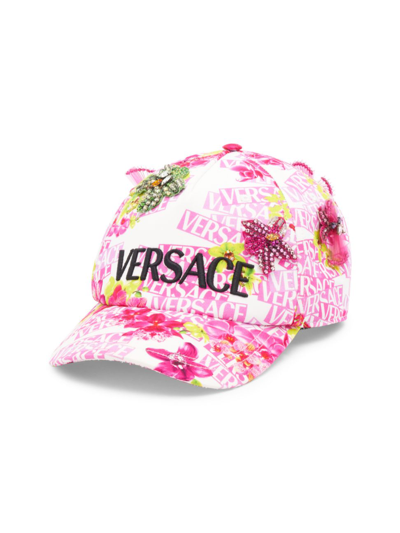 Versace Floral-print Embroidered-logo Baseball Cap In White Pink