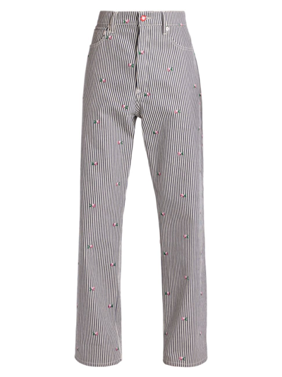 Kenzo Men's Floral-embroidered Striped Wide-leg Jeans In Denim