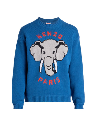 Kenzo Elephant-knit Relaxed-fit Wool-blend Jumper In Blue