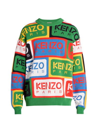 Kenzo Logo Label Jacquard Crewneck Cotton Sweater In Multicolor