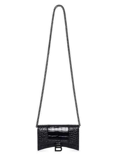 Balenciaga Women's Hourglass Wallet With Chain Crocodile Embossed With Rhinestones In Black