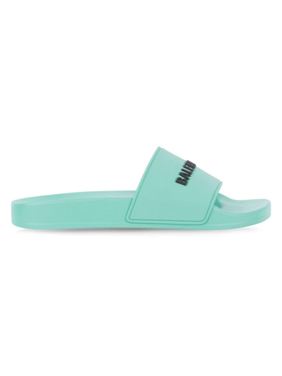 Balenciaga Men's Logo Pool Slide Sandals In Mint/blk