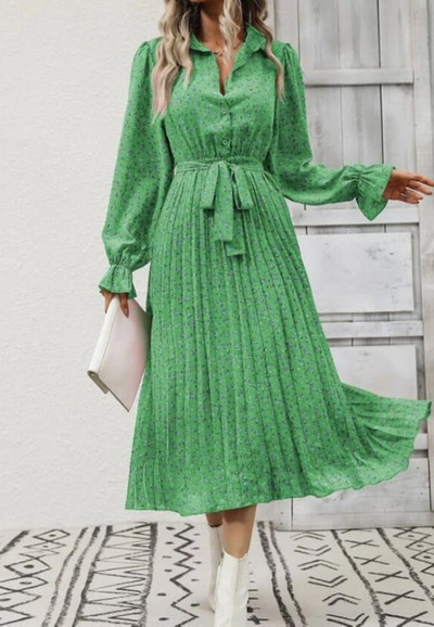 Anna-kaci Floral Collared Pleated Dress In Green