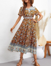 Anna-kaci Vintage Printed Short Sleeve Dress In Brown