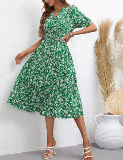 Anna-kaci Collared Floral Puff Sleeve Dress In Green