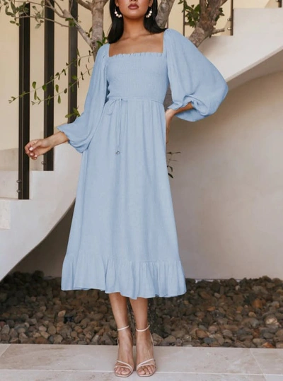 Anna-kaci Shirred Bishop Sleeve Dress In Blue