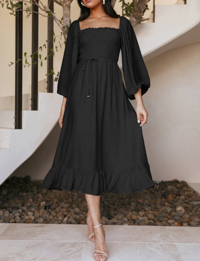 Anna-kaci Shirred Bishop Sleeve Dress In Black
