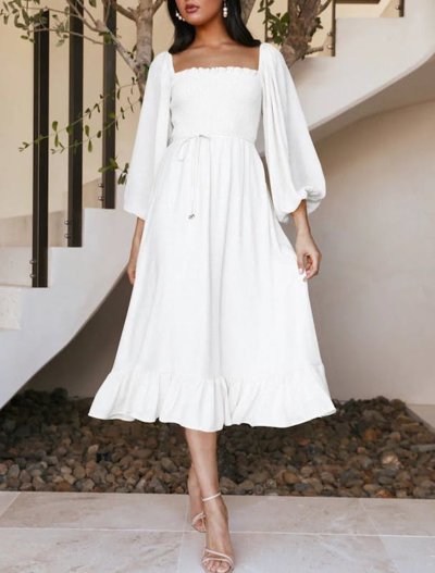 Anna-kaci Shirred Bishop Sleeve Dress In White