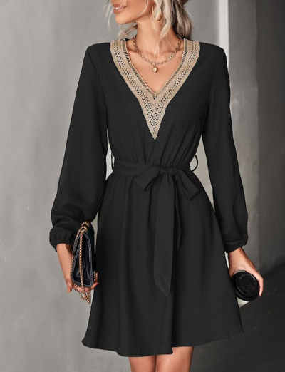 Anna-kaci V Neck Crochet Detail Dress In Black
