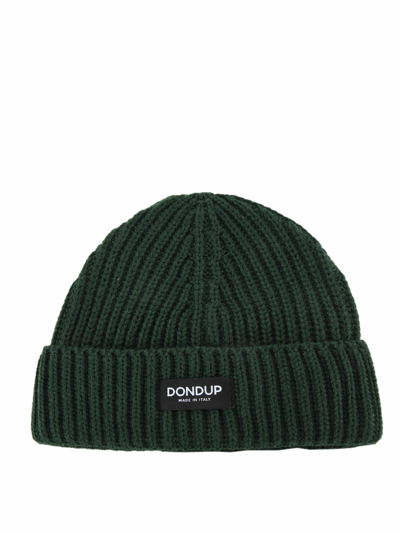 Dondup Logo-patch Ribbed-knit Beanie In Verde Scuro