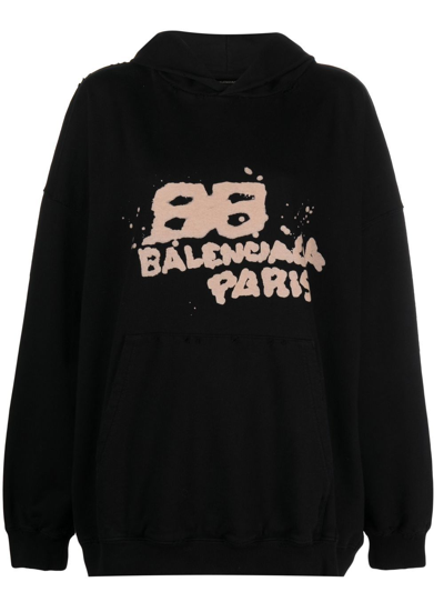 Balenciaga Large Fit Logo-print Hoodie In Black