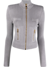 Balmain Ribbed Knit Strong-shoulder Front-zip Cardigan In Grey