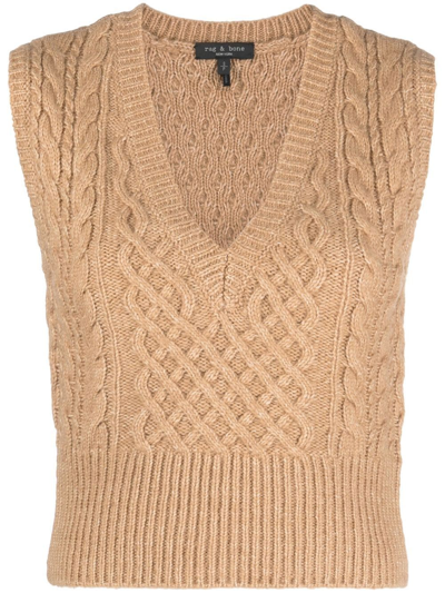 Rag & Bone Elizabeth Cropped Cable-knit Wool, Cotton And Alpaca-blend Waistcoat In Brown