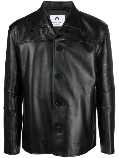 Marine Serre Moon Buttoned Leather Jacket In Black