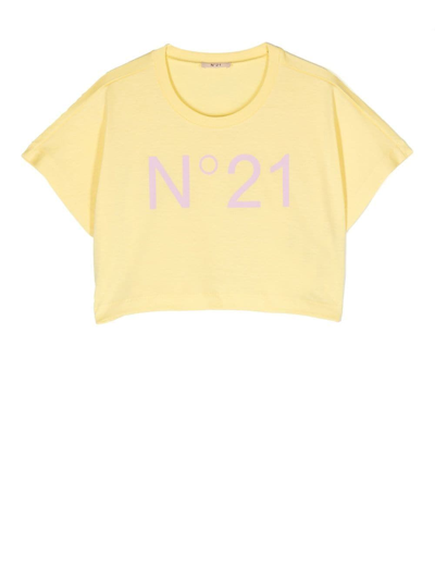 N°21 Kids' Logo-print Cropped T-shirt In Yellow